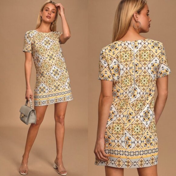 Lulus Dandelion‎ Print Yellow Shift Dress Size XS Short Sleeves Mini Floral Boho - Picture 1 of 12